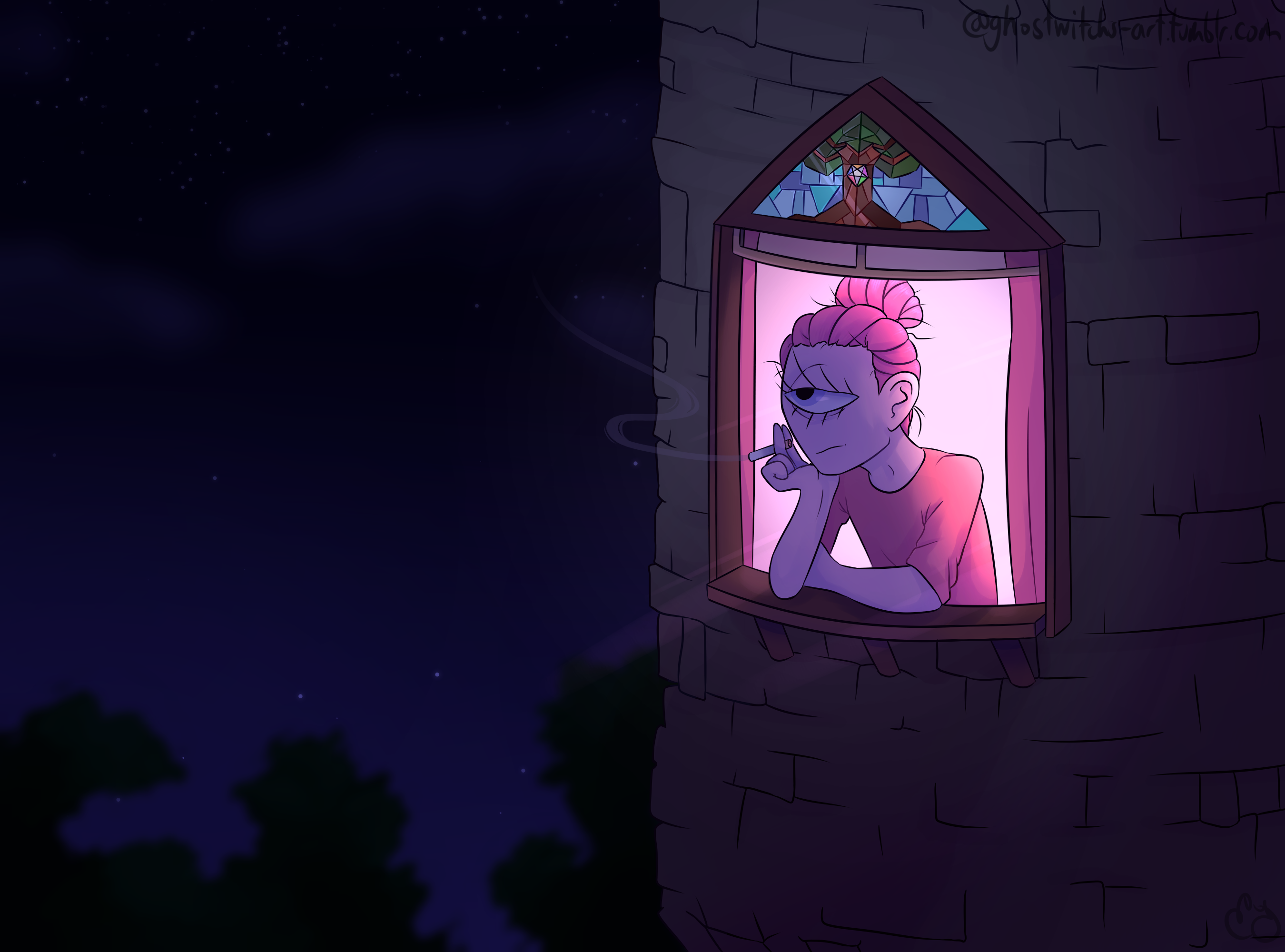 Lucy is leaning out of her bedroom window smoking. The window is attached to a stone tower, and the deep blue night sky with stars and some trees are visible in the background. Lucy look unhappy and her hair is messy, and she is backlit by bright pink light.